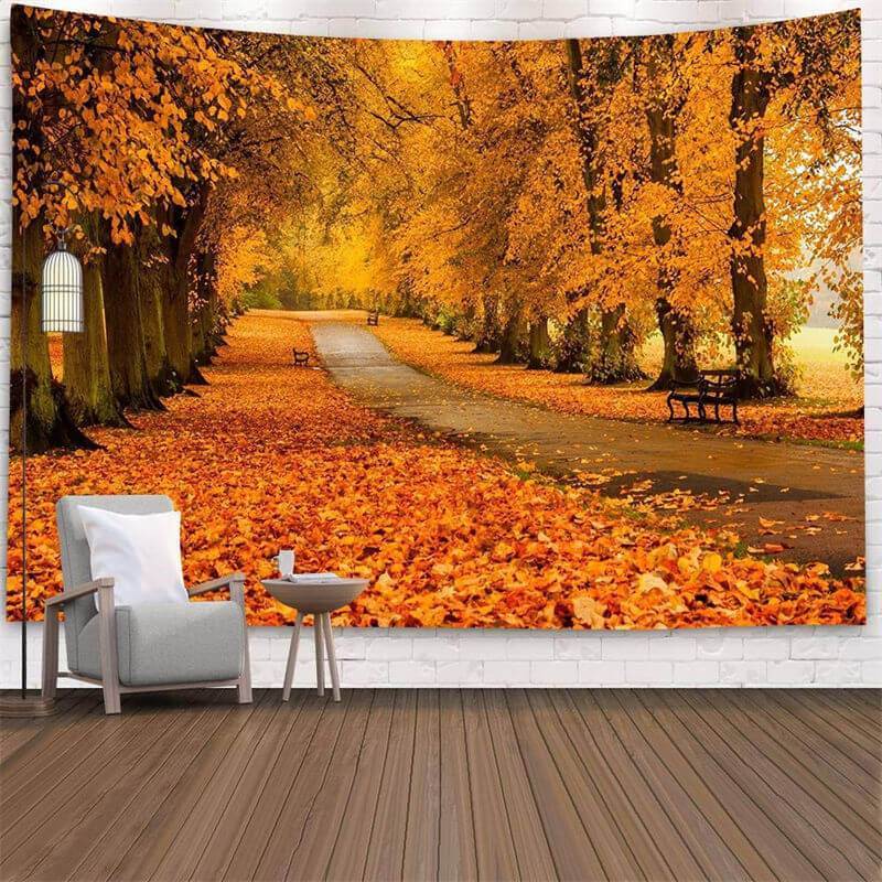 Yellow Autumn Road Forest Pattern Family Wall Tapestry