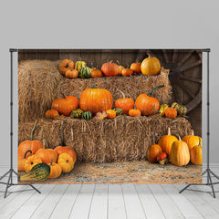 Lofaris Yellow Barn with Various Pumpkins Autumn Backdrop