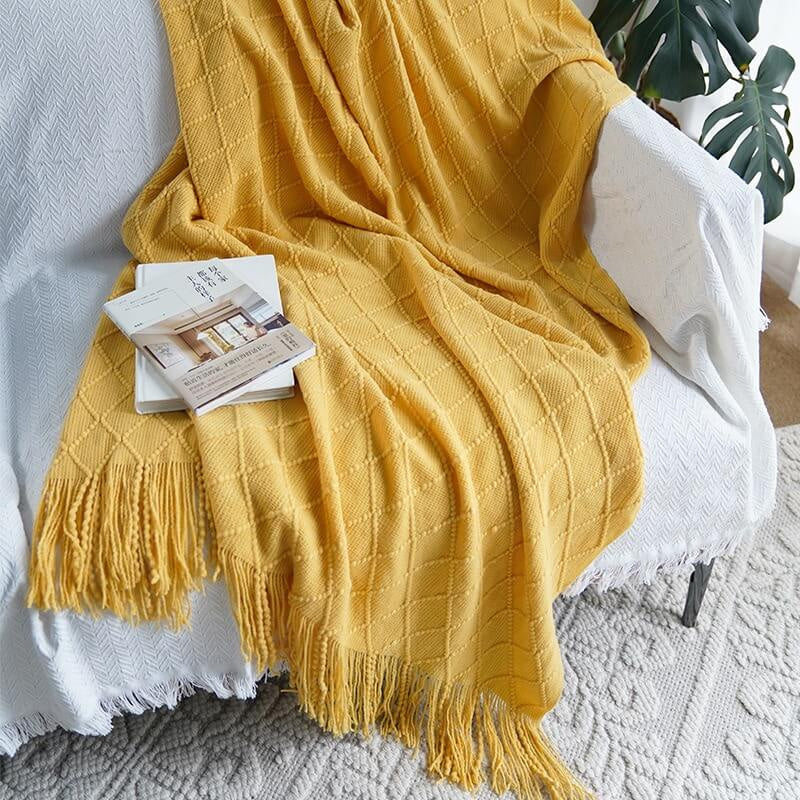 Lofaris Yellow Blanket for Couch Knit Woven Tassels Warm Soft