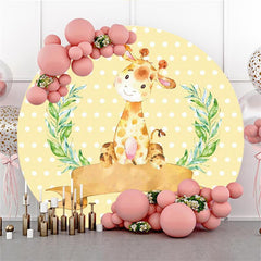 Lofaris Yellow Giraffe And Green Plants Round Birthday Backdrop