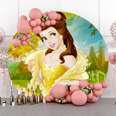 Lofaris Yellow Glitter Cartoon Princess Round Birthday Backdrop