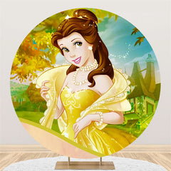 Lofaris Yellow Glitter Cartoon Princess Round Birthday Backdrop