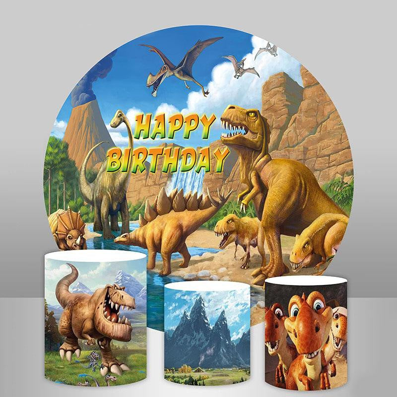 Lofaris Yellow Montain Dinosaur Themed Circle Birthday Backdrop