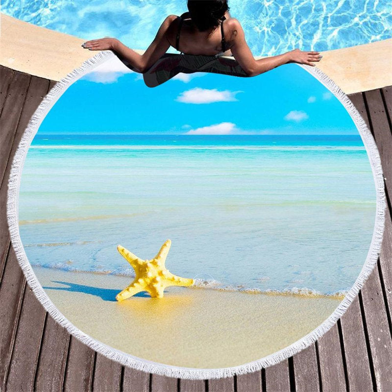 Lofaris Yellow Starfish Blue Sky Sea Circle Beach Blanket