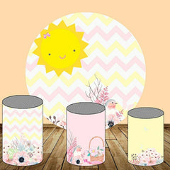 Lofaris Yellow Sun And Stripes Round Kids Birthday Backdrop Kit