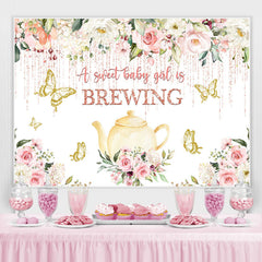 Lofaris Yellow Teapot and Golden Butterfly Baby Shower Backdrop