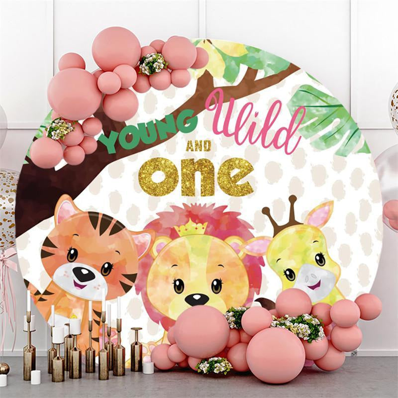 Lofaris Young Wild Safari Animals One Birthday Round Backdrops